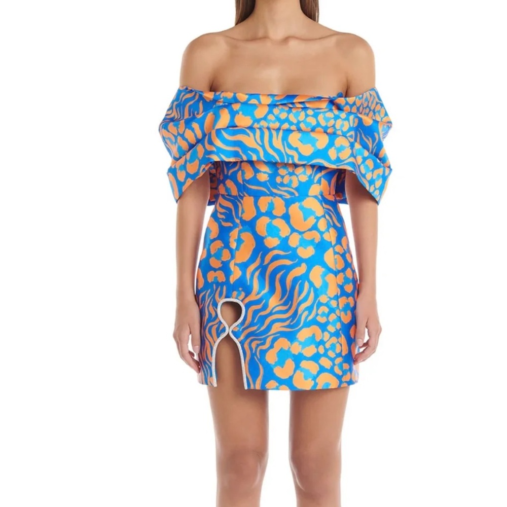 Vibrant Blue and Orange Off-Shoulder Mini Dress